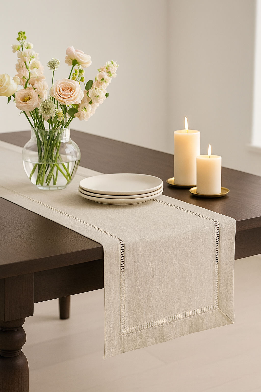 Hemstitch Linen Blend Table Runner