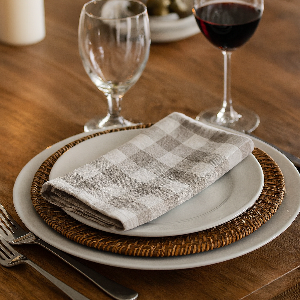 Classic Gingham Khaki & White Cloth Dinner Napkin